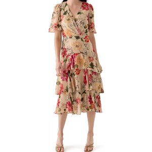 Maison Tara Taupe Flutter Sleeve Floral Printed Chiffon Midi Dress